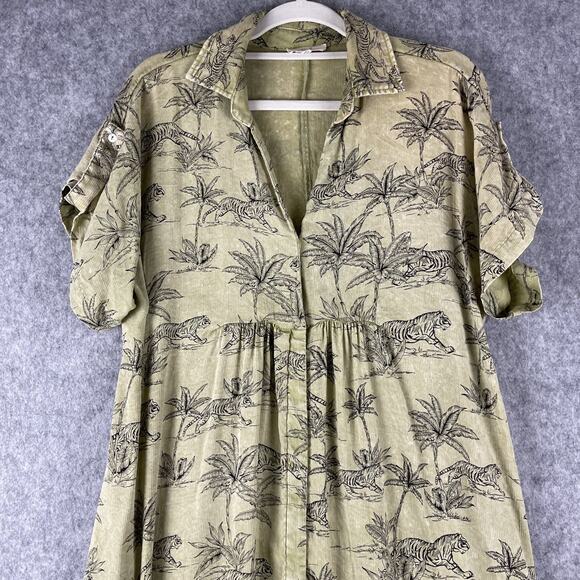Easel Dress Small Green Tiger Print Button Front Midi Boho Safari Slits Roll Tab - Picture 4 of 16